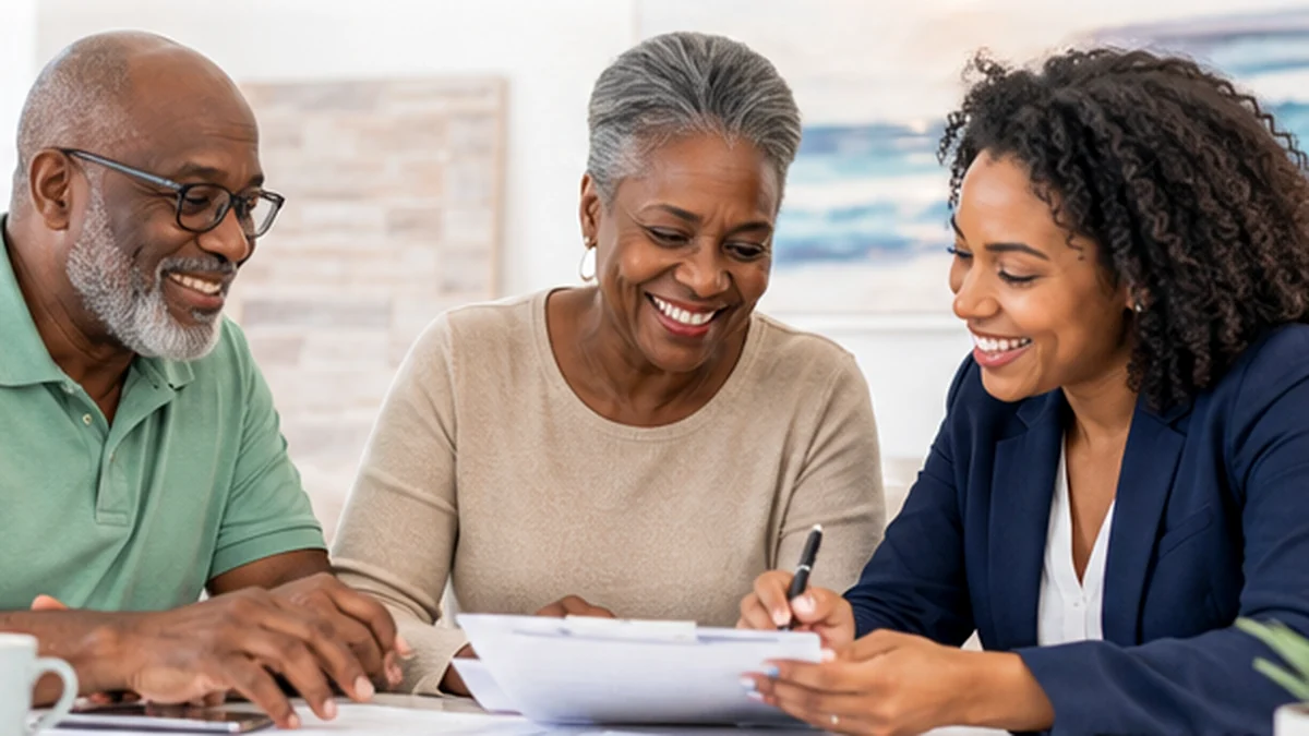 Couple reviewing living benefits paperwork with a Viva agent at their kitchen table