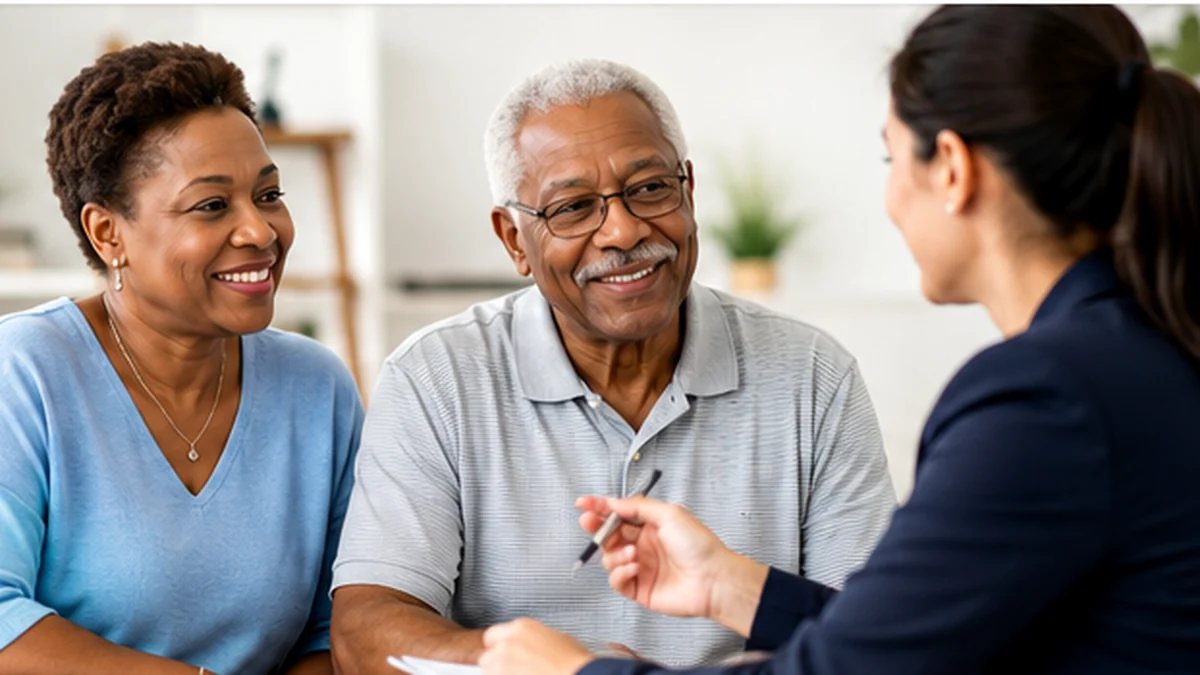 A Florida couple smiling as a licensed Viva Insurance Group agent explains their Medicare plan options