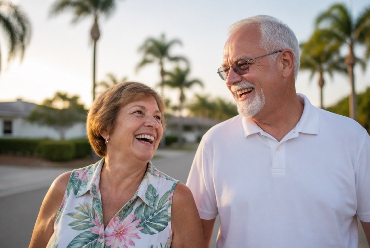 Retired couple walking in a sunny South Florida neighborhood