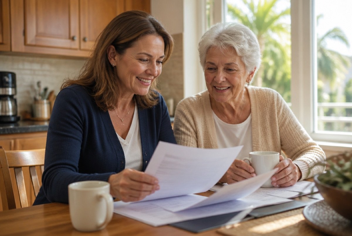 Adult daughter helping her senior mother read a Medicare notice