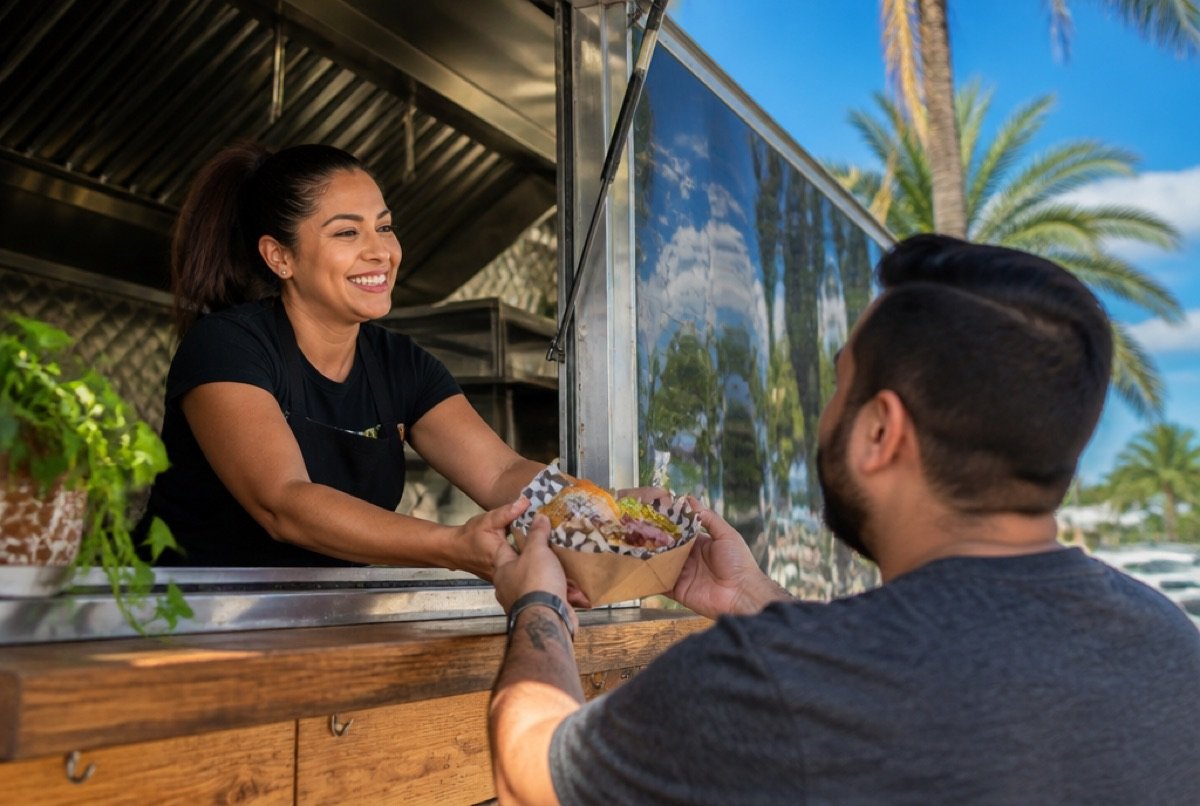 Self-employed food truck owner serving a customer in South Florida